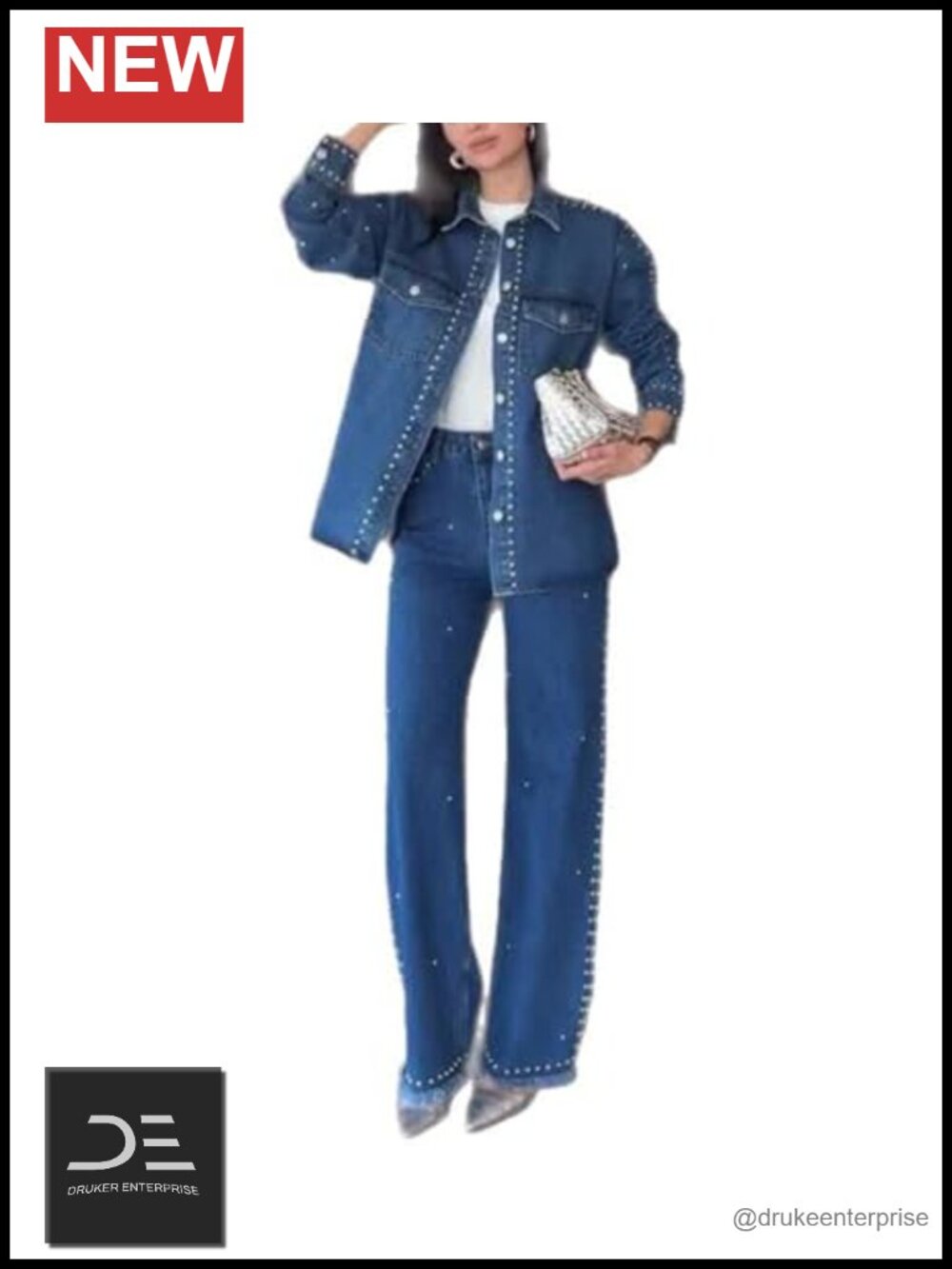 Denim 2 Piece Outfits Pearl Long Sleeve Button Down Top Wide Leg Jeans Set